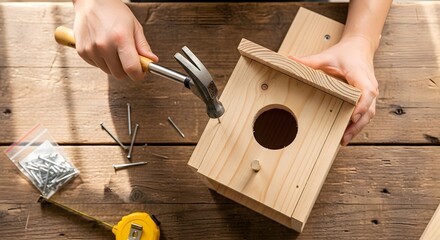 Hands carefully building a wooden birdhouse with a hammer on a rustic workbench.