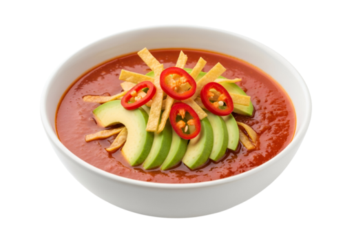 A bowl of vibrant red soup, garnished with fresh avocado slices, tortilla strips, and red chili peppers, presents a delicious culinary delight.
