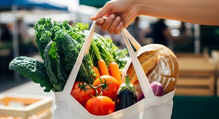 Hand holding a reusable shopping bag filled with fresh organic groceries.