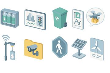 Smart city, energy, environment 3d icon set. urban development, technology visuals