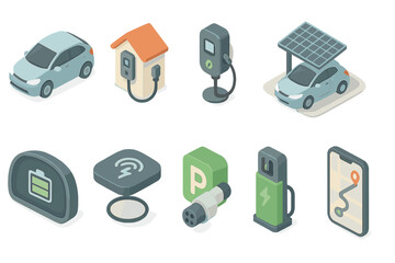 Electric vehicle charging flat icon set: power, sustainability, energy icons collection