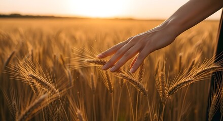 Hand Gently Brushing Through Golden Wheat Field at Sunset.