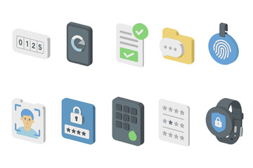 Security and authentication icon set. protect data with isometric access icons