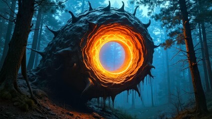 Luminous circular art scene in the forest