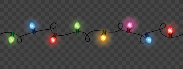 Vector set of realistic glowing colorful christmas lights in seamless pattern isolated on dark background