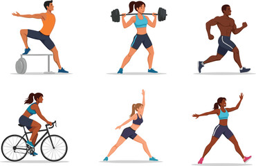 Cartoon fitness people exercising, stretching, weightlifting, running, cycling, doing workouts, active lifestyle, gym routine, sports training illustration