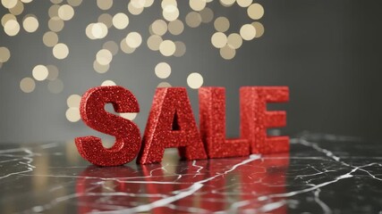 Glittering red letters spelling SALE on a reflective marble surface, with a blurred festive background of colorful bokeh lights, capturing the excitement of holiday shopping discounts - Powered by Adobe