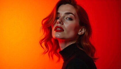 closed up Portrait of a confident woman with wavy red hair and porcelain skin, wearing a sleek black outfit