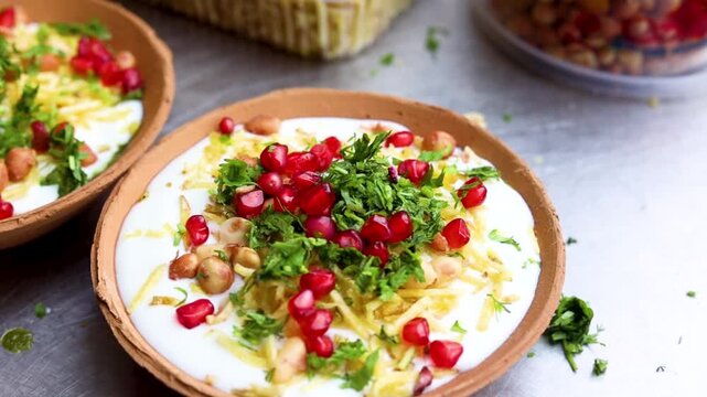 Indian Chaat Dahi Bhalle with Curd and Sweet Sauce on banana leaf with indian backdrop