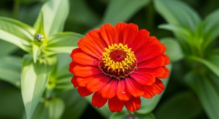 A vibrant red zinnia flower blossoms in a garden setting, showcasing intricate details and a soft, natural bokeh effect.