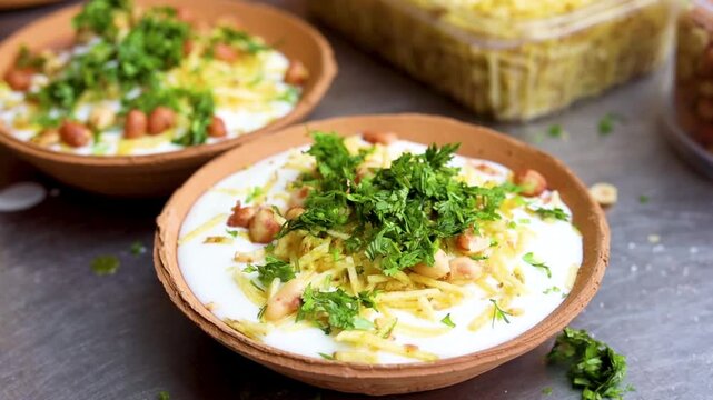 Indian Chaat Dahi Bhalle with Curd and Sweet Sauce on banana leaf with indian backdrop