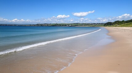 Obraz premium Tranquil beach scene with gentle waves. Clear blue sky, sandy shore, distant buildings