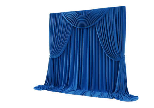 Luxurious, deep blue stage curtains with a dramatic pleated top against a black background.
