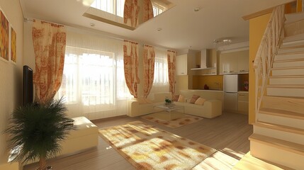 Cozy interior with bright sunlight, curtains, sofa, and kitchen, inviting atmosphere
