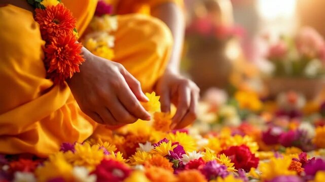 Devotees hands meticulously arrange vibrant fresh flowers preparing for sacred rituals during the auspicious nine days of navratri celebrations