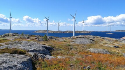 Coastal wind turbines on rocky outcrop
