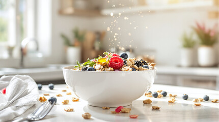 Healthy Granola and Berry Bowl with Sprinkling Toppings in a Modern Kitchen