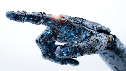 Detailed close-up of a robotic hand pointing.  Complex mechanical and electronic components are visible within the dark-grey hand and fingers, with intricate circuits and joints.