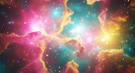 A vibrant display of cosmic nebulae, showcasing a breathtaking array of pinks, yellows, and blues, filled with sparkling stars.