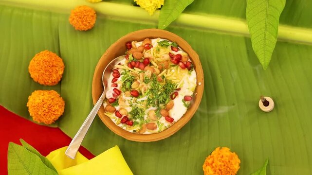 Indian Chaat Dahi Bhalle with Curd and Sweet Sauce on banana leaf with indian backdrop