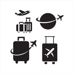 Collection of black travel icons featuring airplanes and luggage for global journeys