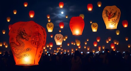 Glowing Sky Lanterns Illuminate the Night Sky During a Festival.