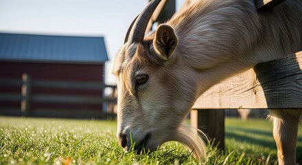 Goat Grazing on Green Grass with Barn in the Background.
