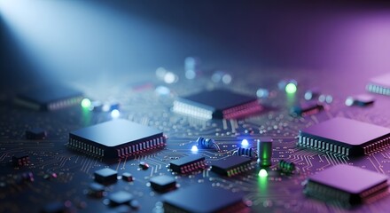 Futuristic Circuit Board with Glowing Microchips and Processors.