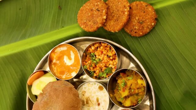 Navratri Upwas Thali  Fasting food platter on banana leaf background