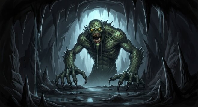 A large, menacing creature emerges from a dark cave, its green skin and sharp claws hinting at danger and fear.