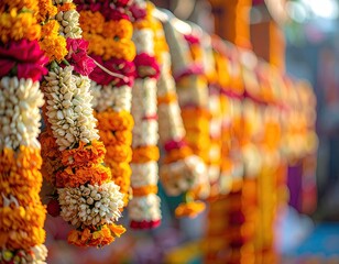 Obraz premium Colorful Flower Garlands Hanging Outdoors