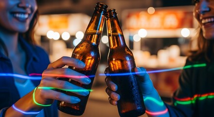Friends toasting with beer bottles at a lively outdoor event at night.