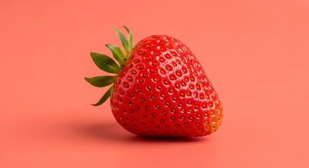 A single, vibrant strawberry rests attractively against a coral-toned backdrop, showcasing its glossy texture and delightful form.