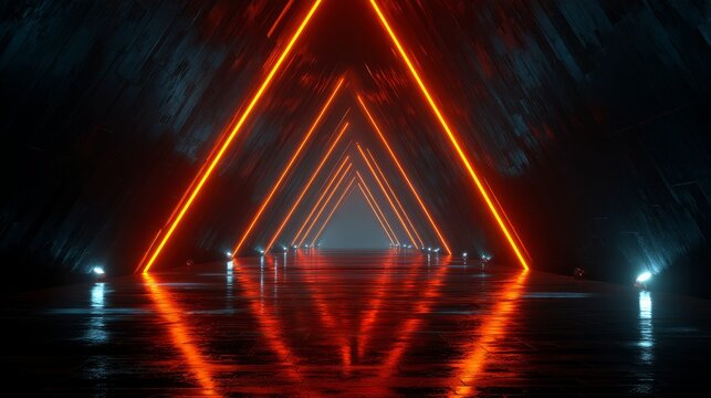 Neon-lit triangular tunnel with reflective surface and glowing lines