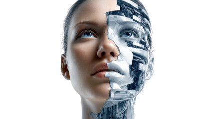 Humanity in the Digital Age: A mesmerizing portrait reveals a woman's face bisected, revealing her human side and merging it with a futuristic robotic design.