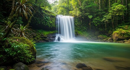 Lush tropical waterfall cascading into a tranquil pool, surrounded by vibrant greenery.
