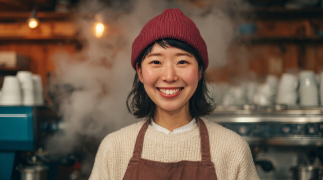 Candid smile of Asian barista wearing red beanie and brown apron, standing in cozy coffee shop with warm lighting and steam in background, radiating friendly energy