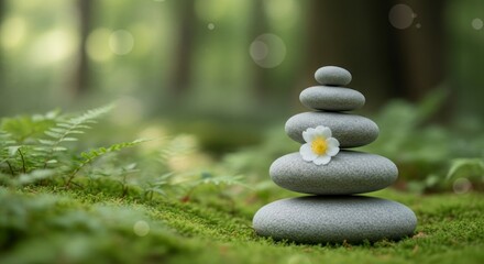 A serene scene of stacked stones atop moss-covered ground in a tranquil forest setting, adorned with a delicate white flower.