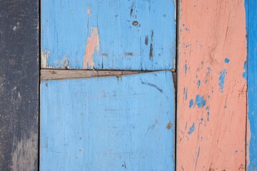 Close-up of Distressed Wooden Planks with Peeling Blue and Coral Paint image photo