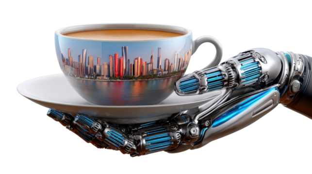 Coffee Cup and Robotic Hand: A futuristic blend of technology and daily ritual, the image showcases a robotic hand delicately holding a coffee cup and saucer, where the cup mirrors a cityscape.