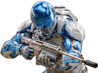 Fototapeta premium Cybernetic Sentinel: A futuristic soldier, clad in sleek, high-tech armor, grips a state-of-the-art rifle, embodying the vanguard of technological warfare.