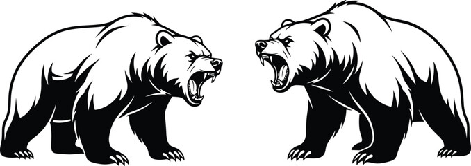 Fototapeta premium Roaring bear face-off illustration, aggressive wild animal confrontation, black and white vector art, symmetrical wildlife design for stock content