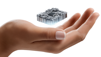 Microchip in hand: A close-up shot of a hand holding a modern microchip, it represents power and innovation in a visually appealing manner, inviting viewers to explore the advancements