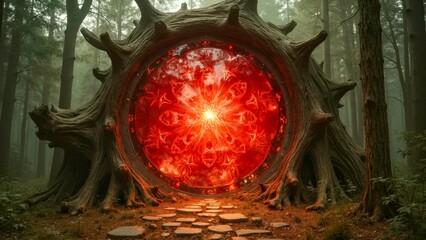 Luminous circular art scene in the forest