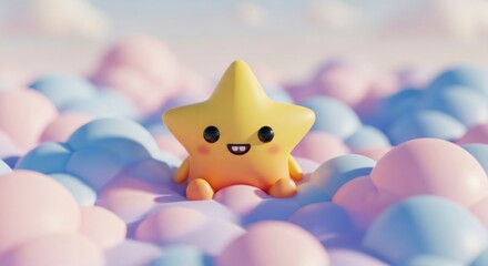 A cheerful, cartoon star character sits atop a soft, colorful cloud landscape, radiating a pleasant and playful mood.