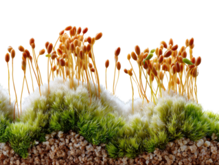 Moss and Spores: A close-up shot reveals a vibrant display of textured moss, complemented by delicate spores, showcasing nature's intricate beauty.