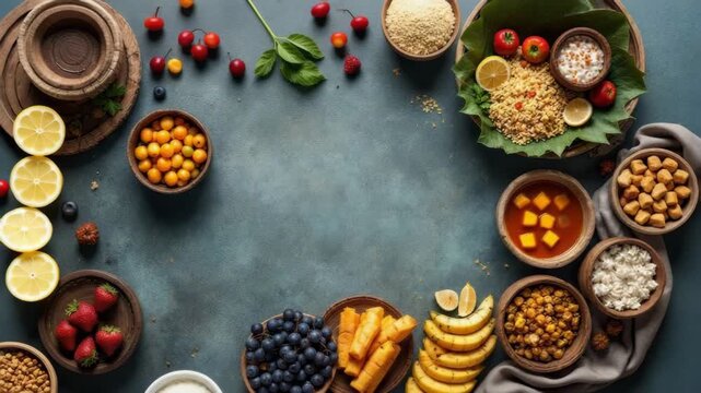 Traditional navratri fasting foods and offerings arranged for a hindu religious festival celebration with various fruits and grains