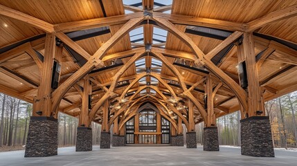Naklejka premium Majestic wooden structure with arched beams, stone pillars, and glass roof, natural light flooding interior