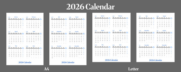Vector of 2026 calendar on two page design.first page from January to June and Second page from July to December.week start on Monday. Sunday as weekend. A4 and Letter size.