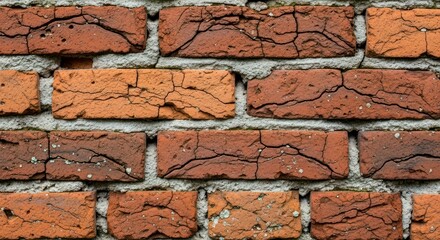 Aged brickwork with deep fissures and variations in reddish-brown tones, showcasing the texture of mortar and the weathering effect on the surface.